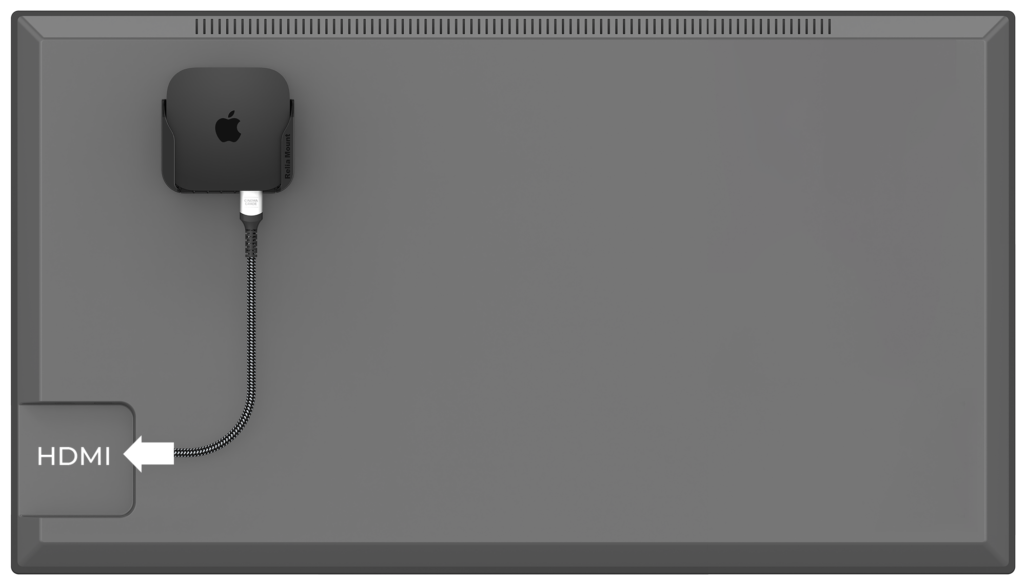 Apple TV mounted to the back of a television with ReliaMount